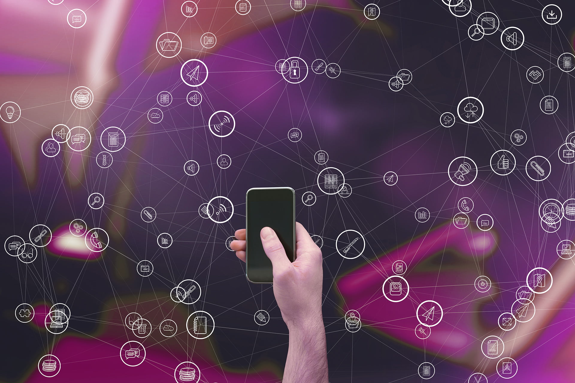 digital composite of hand holding smartphone with vignettes