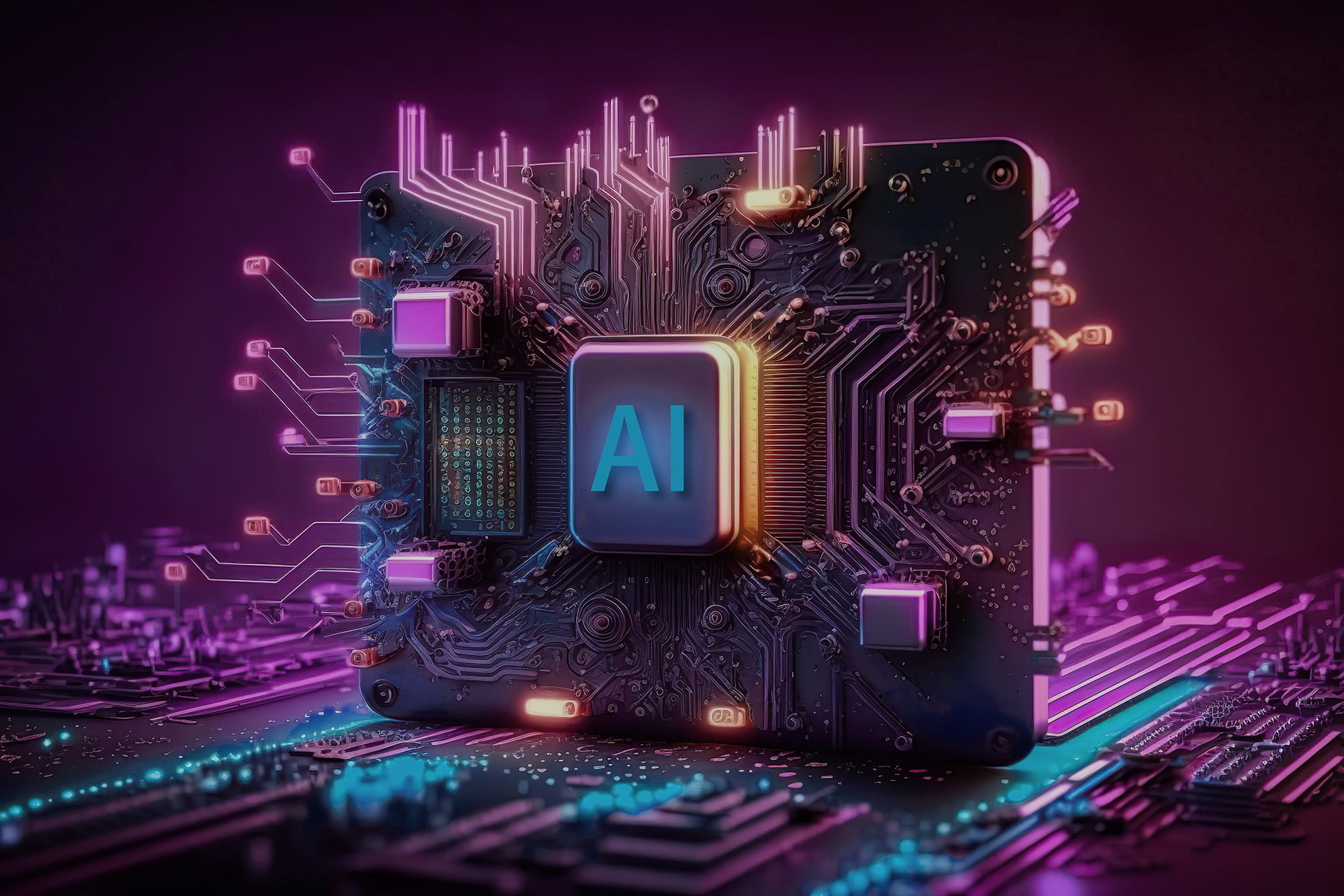 Abstract Computer Circuit Cyberspace Design with Neon Lighting , Technology circuit cyberspace design created with Generative Ai