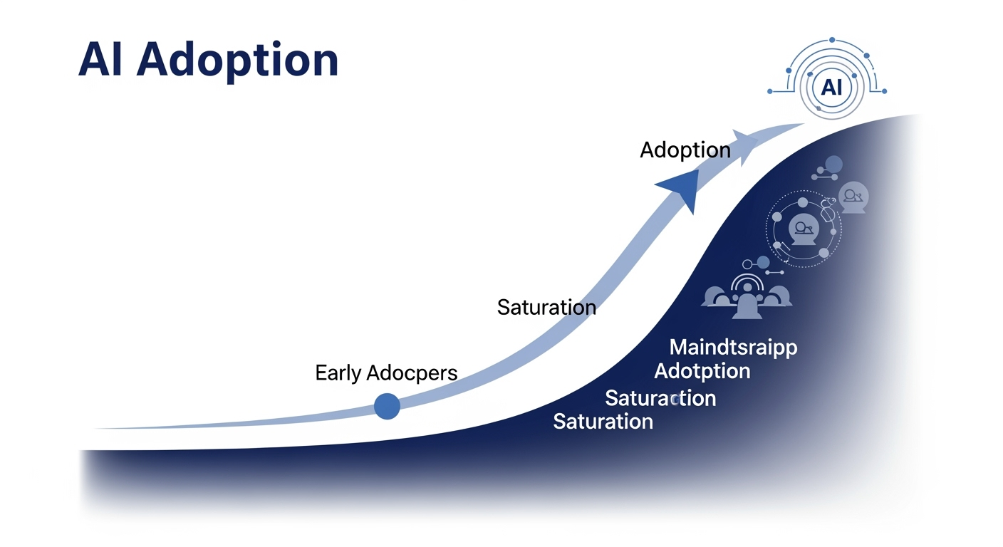 S curve graph showing AI adoption progression with early adopters, mainstream adoption phase, and eventual saturation S curve graph showing AI adoption progression with early adopters, mainstream adoption phase, and eventual saturation