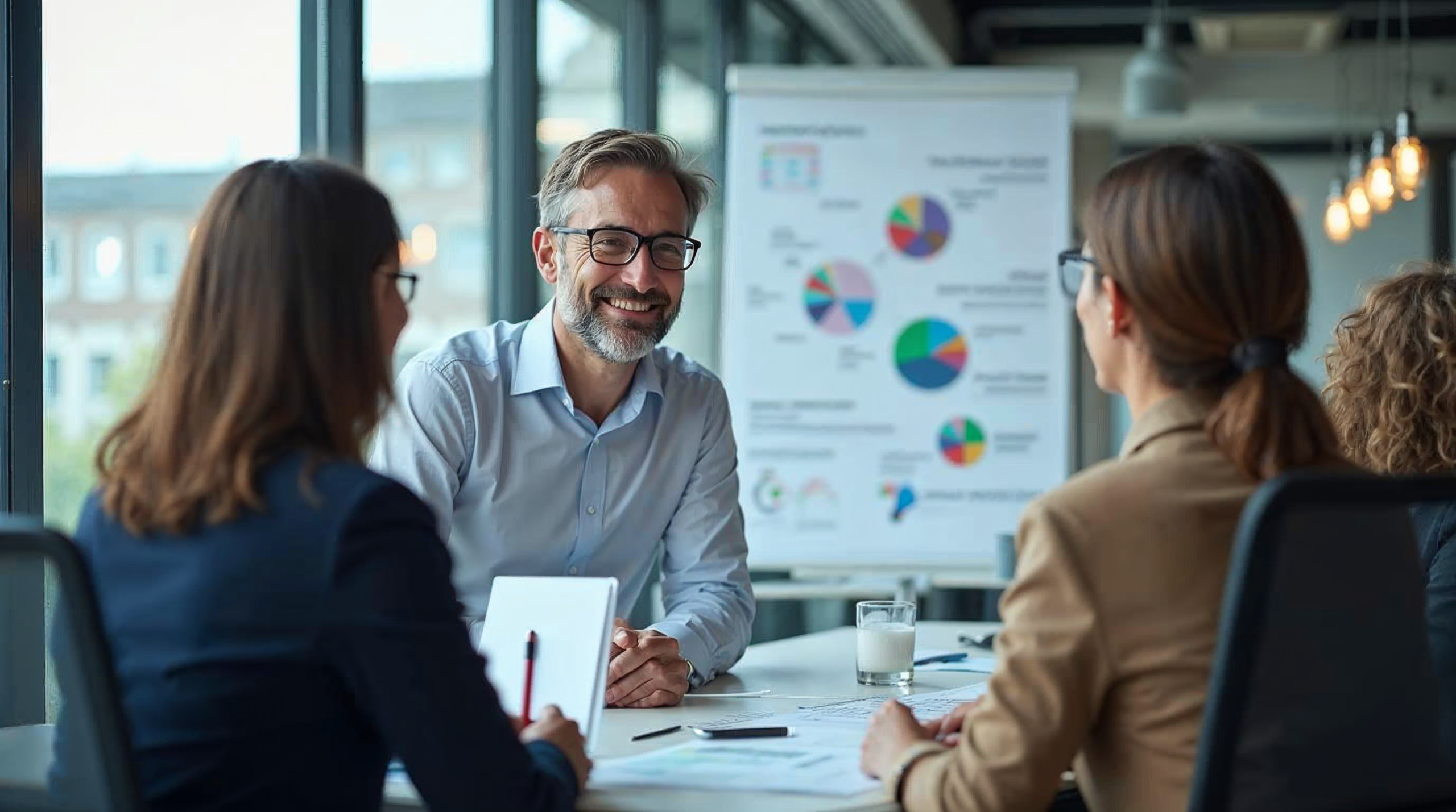 Business leader charting strategic AI adoption roadmap with team members, balancing innovation and practical implementation