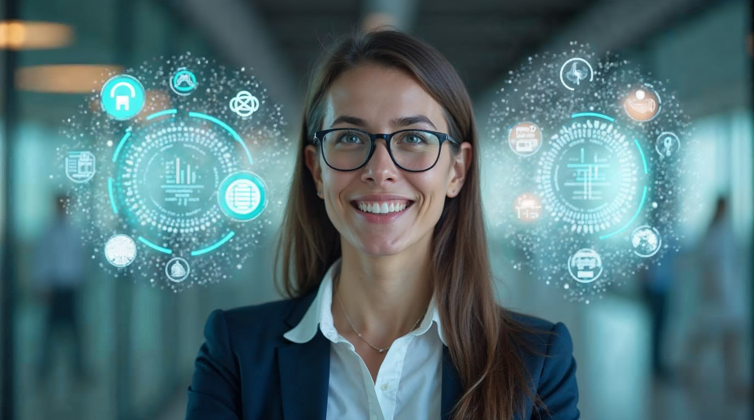 Business professional looking confused between AI hype and practical reality, with futuristic technology on one side and traditional business processes on the other