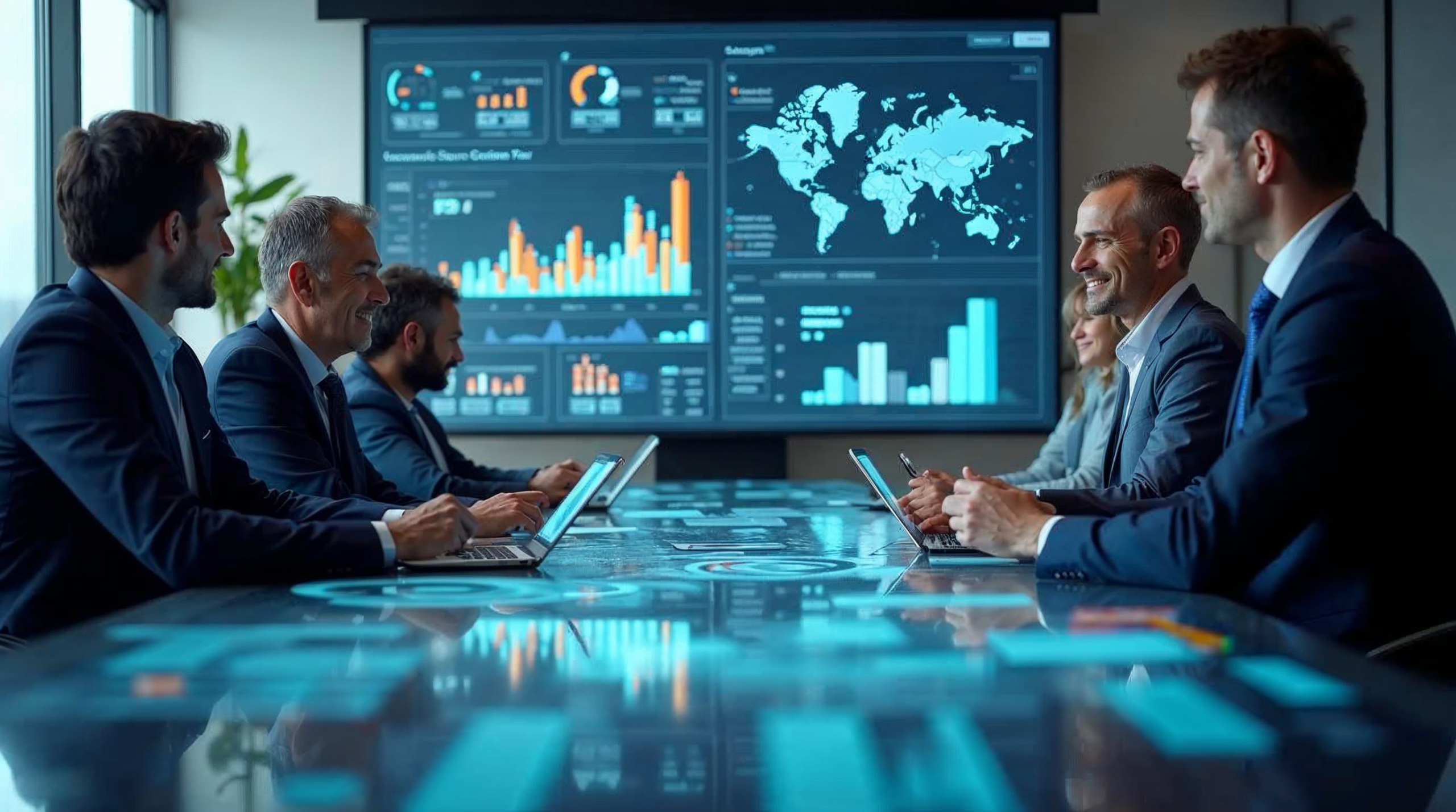 Business team experimenting with AI tools in a meeting room, with digital dashboards showing preliminary results