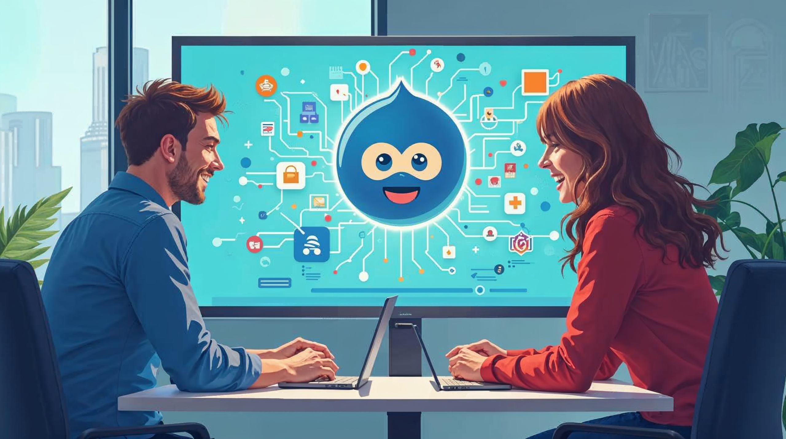 Illustrative depiction of AI assisting Drupal content creation