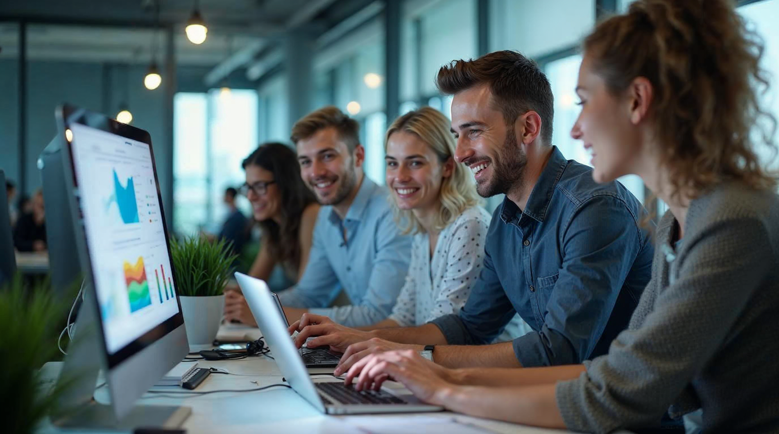 Workers adapting to AI collaboration, showing professionals from different fields working alongside AI tools with new skills being learned