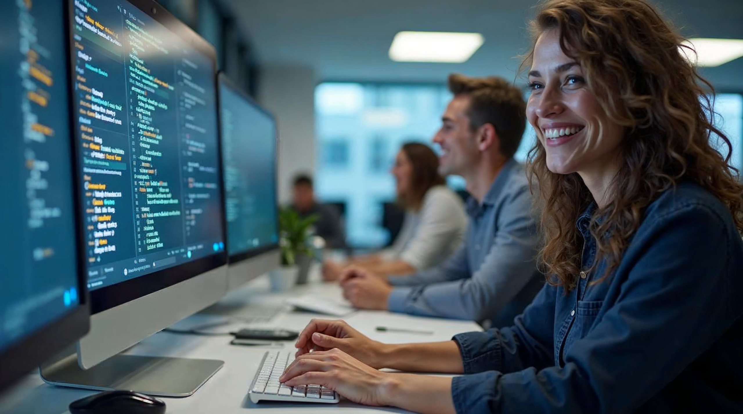 AI code suggestions appearing in modern IDE with developer reviewing generated code