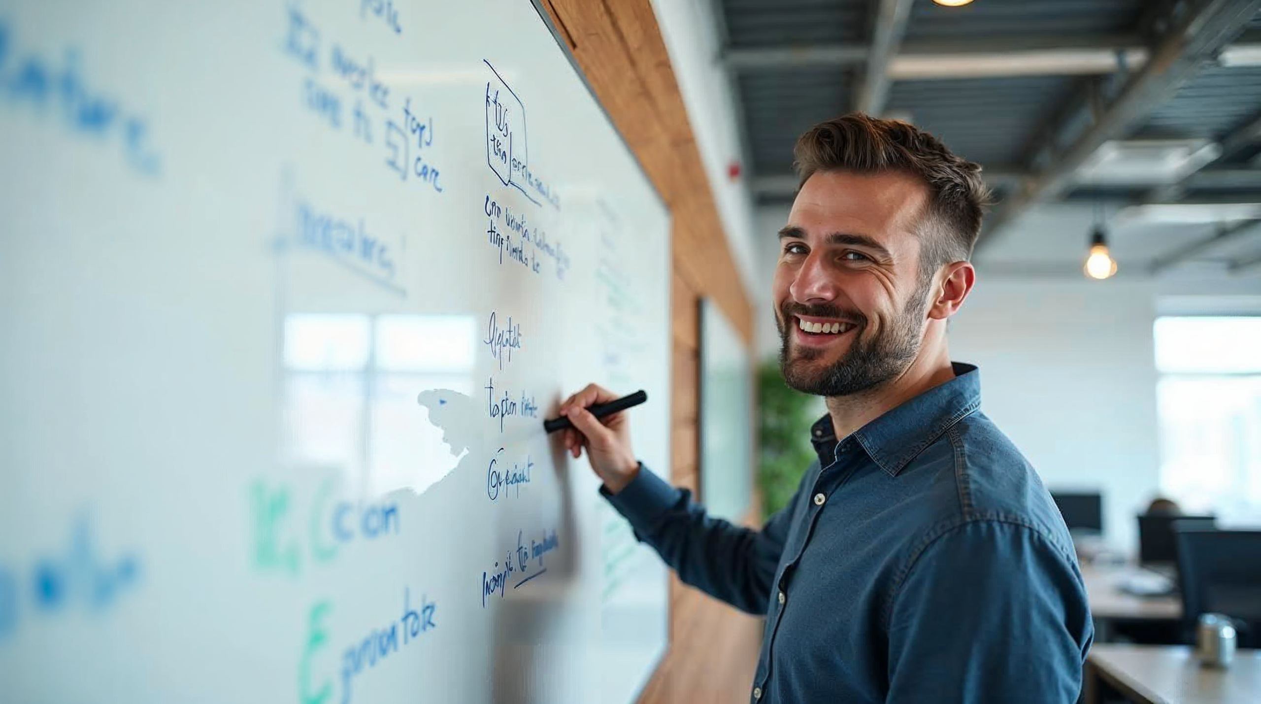 Product owner, designer and developer collaboratively defining coding vibe and requirements on whiteboard