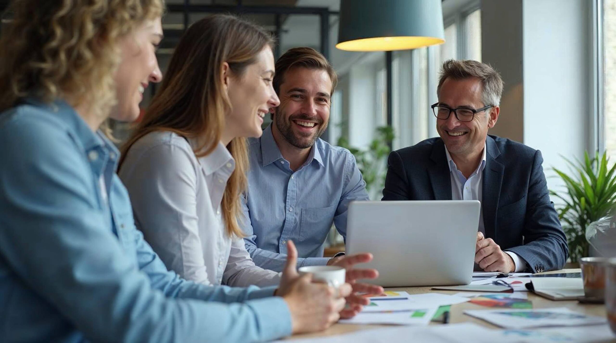 Business leadership team collaborating on organisational AI strategy and transformation workflow design in modern office setting