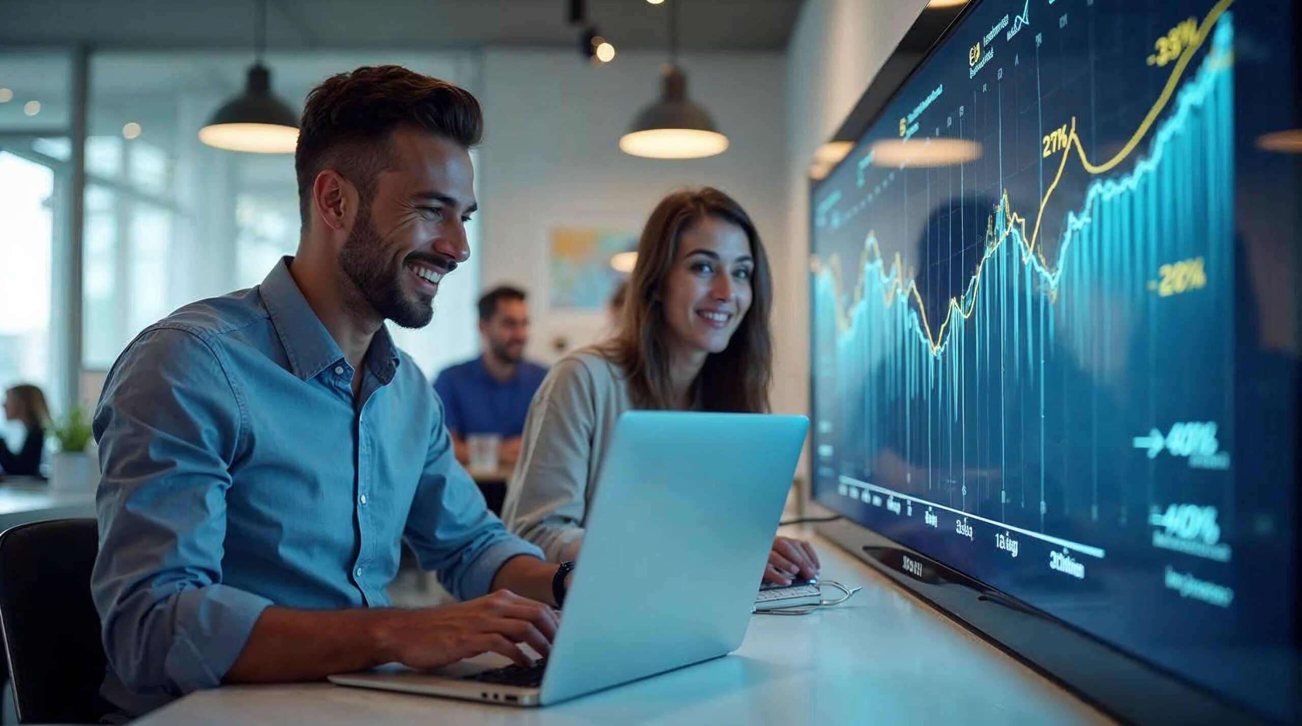 Data visualization showing two growth curves diverging over time - one representing AI-enabled businesses with steady compounding advantages, the other showing traditional businesses falling behind, with percentage improvements labeled