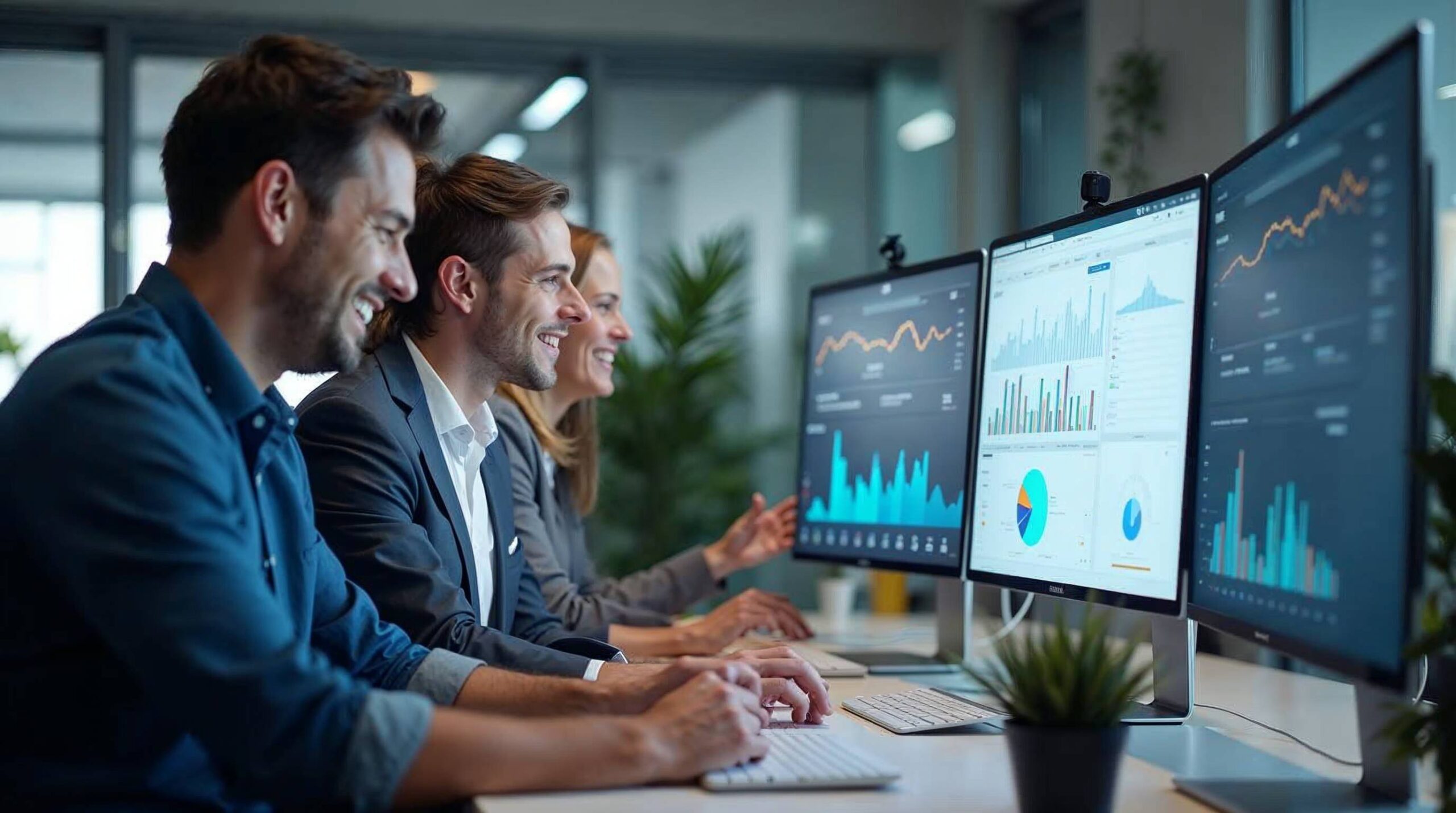 SME team members successfully implementing AI automation tools for productivity improvements with visible performance metrics dashboard