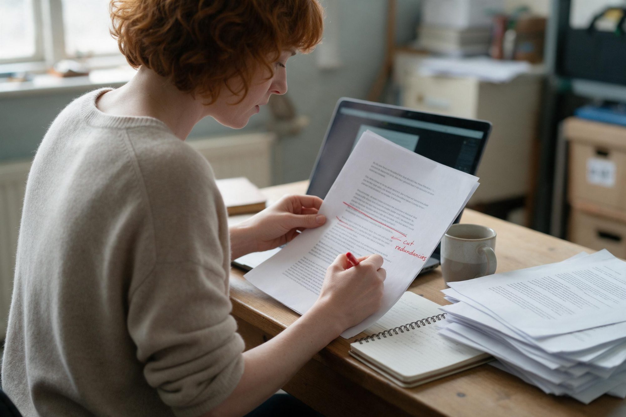 Marking up a printed draft by hand with a red pen at an office desk