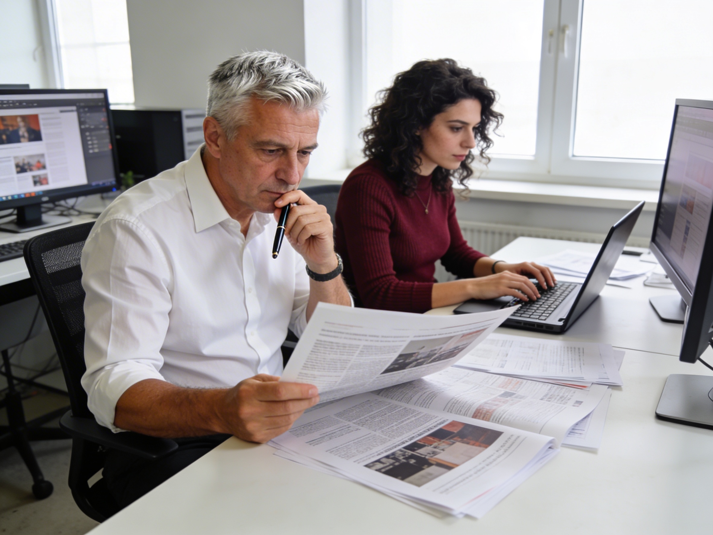 Editorial team reviewing AI-generated content with human oversight in professional office