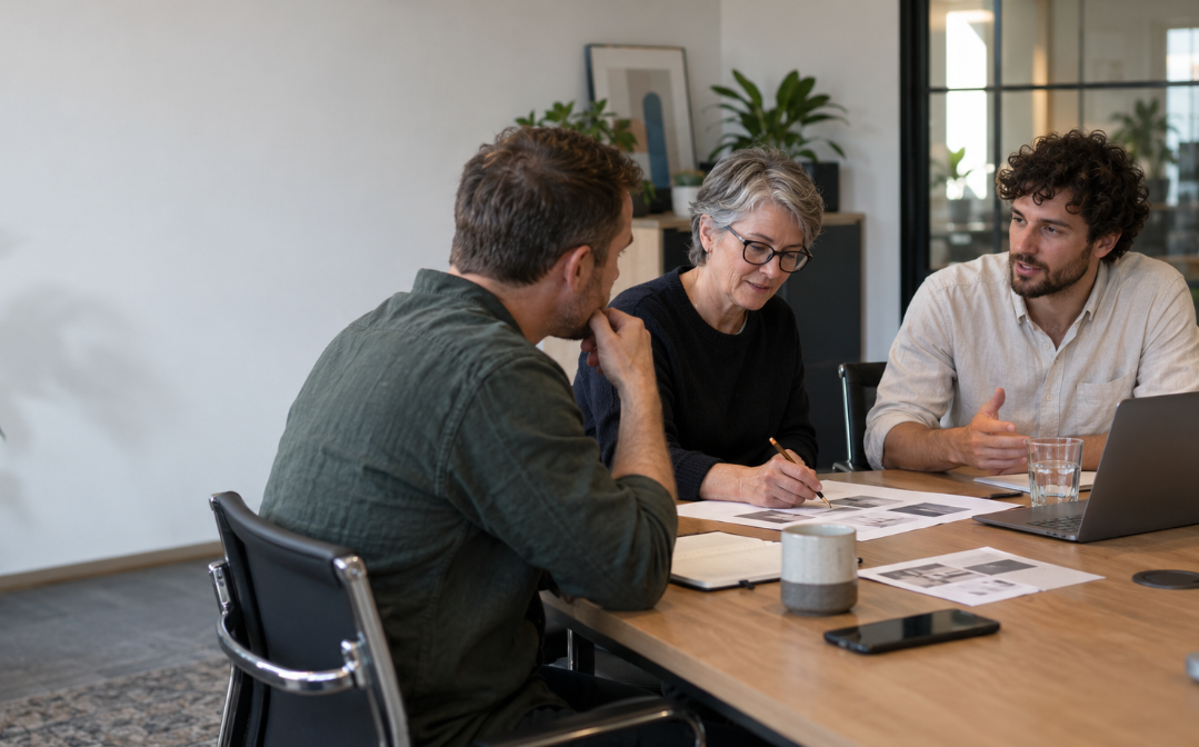 An EXPRE consultant talking through a new project with a client across a meeting table