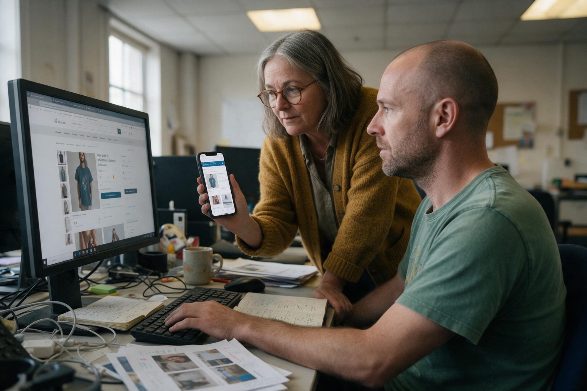 Two colleagues checking the same online shop page side by side on a desktop monitor and a phone