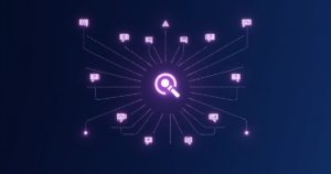 Stylised query fan-out illustration: a central search icon splitting into ten sub-query branches in navy and electric purple