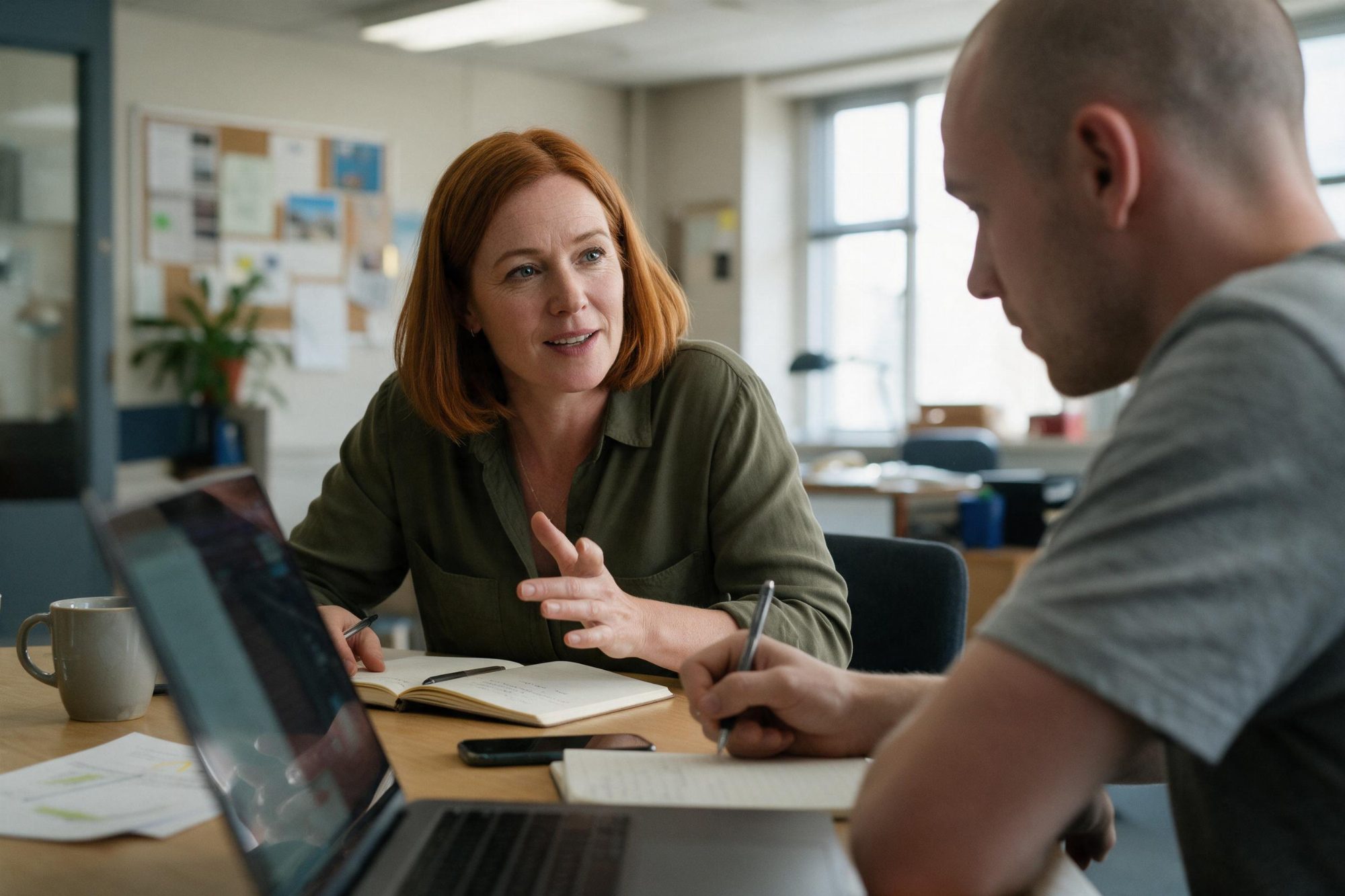 An EXPRE consultant talking through a new project with a client across a meeting table