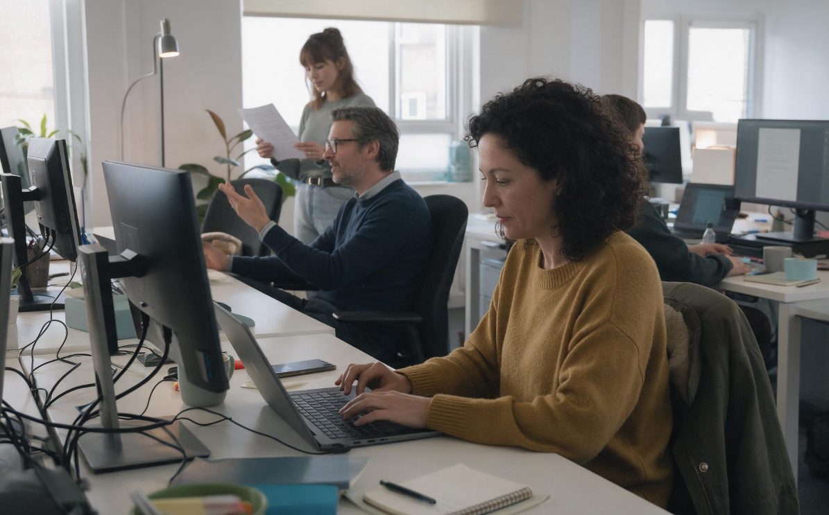 Colleagues working across several systems at adjacent desks in an office
