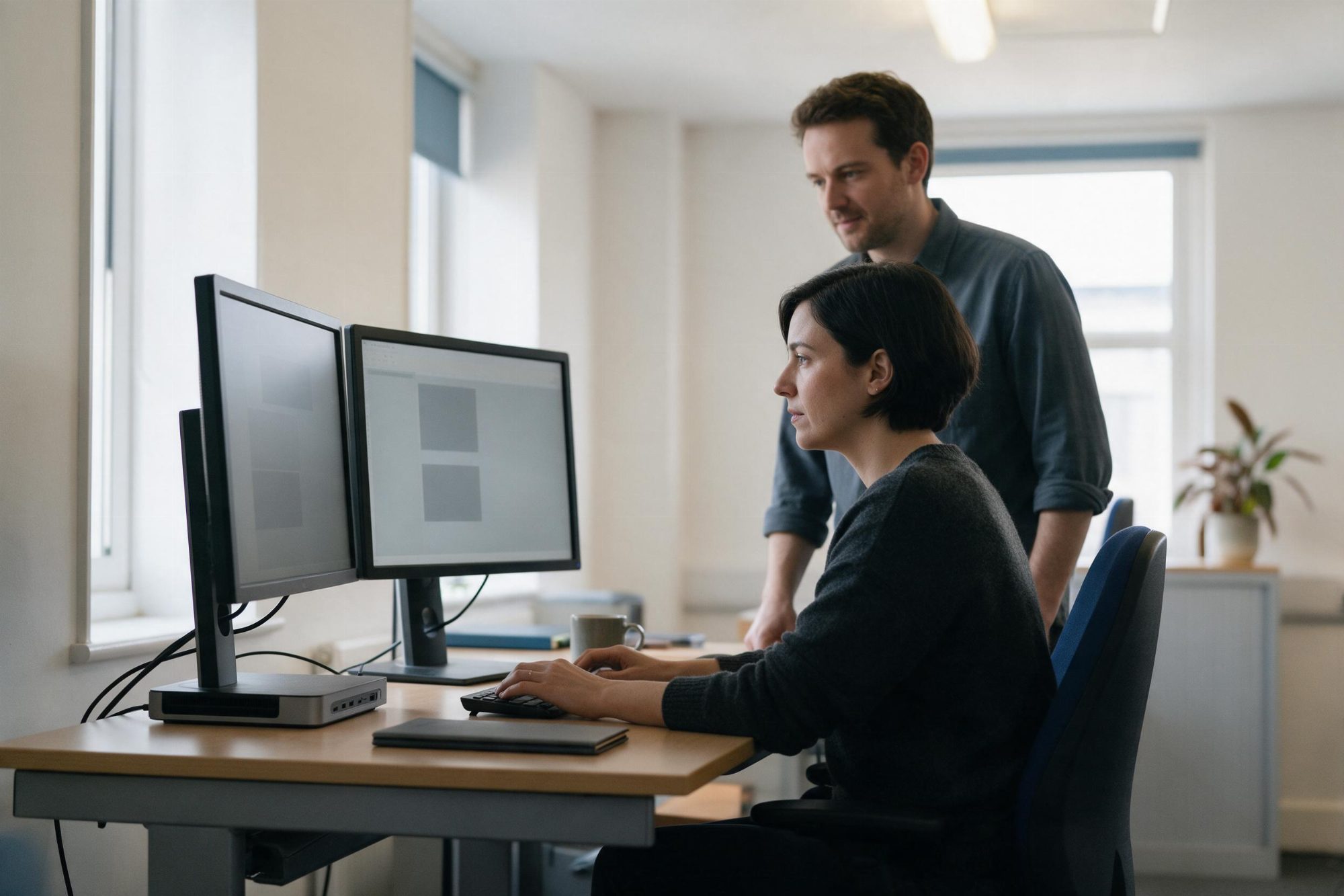 Two colleagues checking a website together on a dual monitor setup