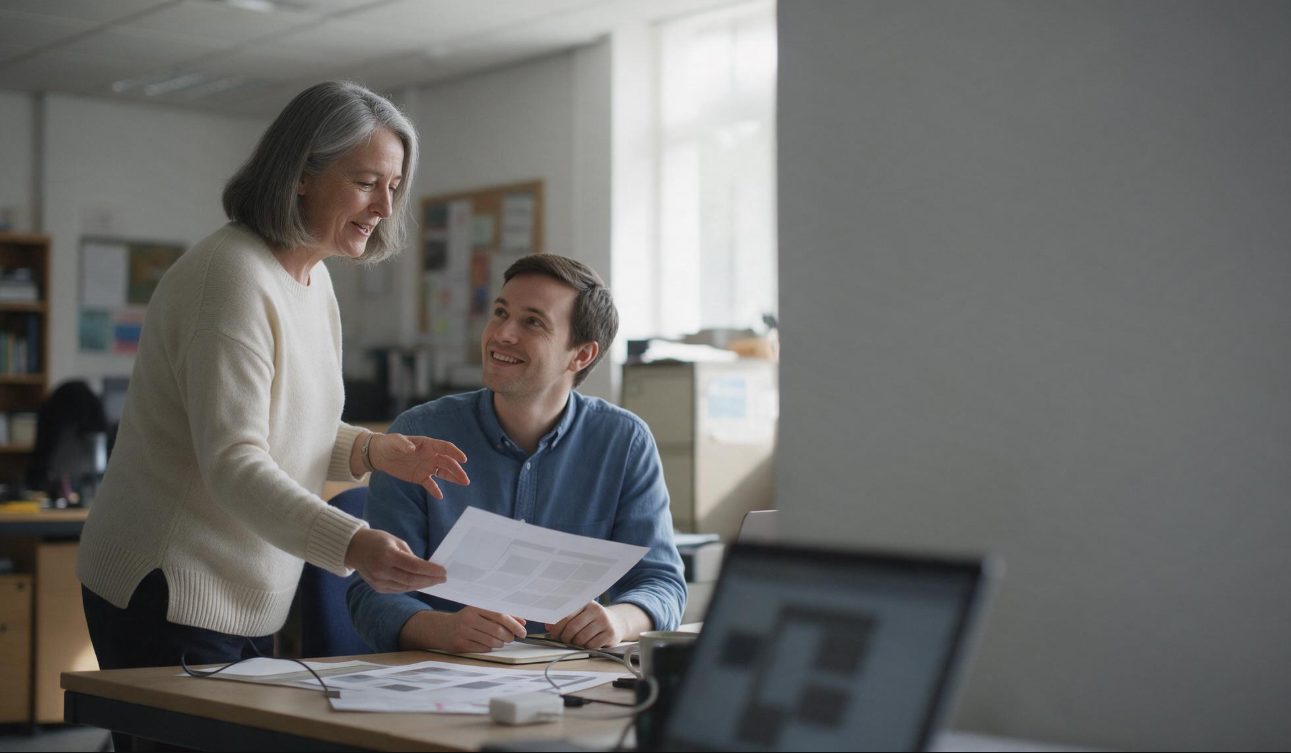 An EXPRE colleague talking a client through a printed website review at a desk